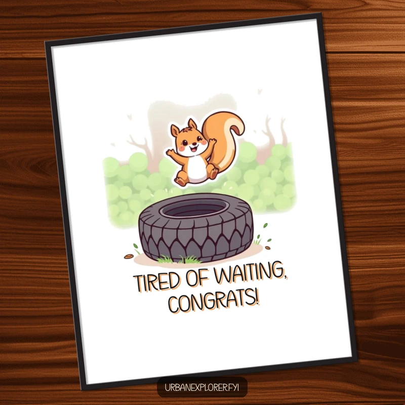 Funny Free Printable Wall Art: A kawaii squirrel leaps energetically over a discarded tire with a happy expression.