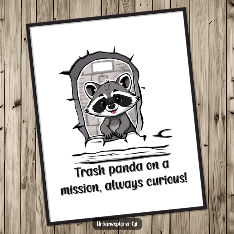 Funny Free Printable Wall Art: Adventurous raccoon peeks through a broken warehouse window, adding industrial charm and humor.
