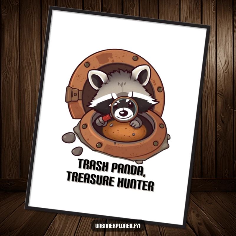 Funny Free Printable Wall Art: Kawaii raccoon peering into a rusty manhole with a magnifying glass, adding quirky decor.