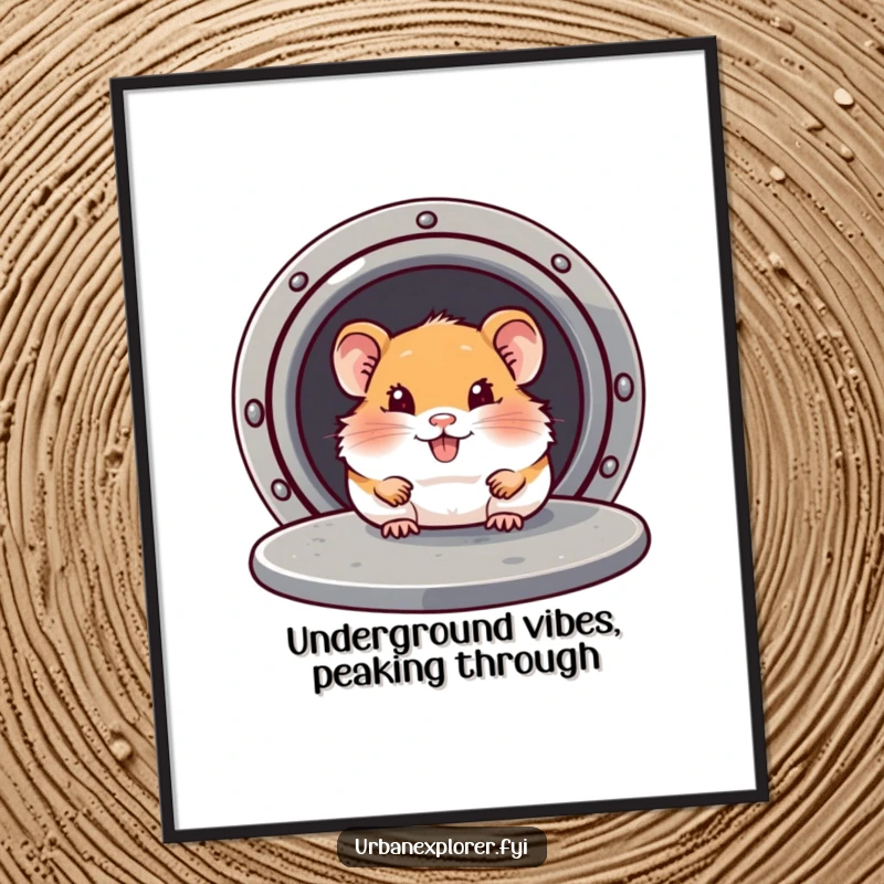 Funny Free Printable Wall Art: A smiling hamster peeks out from under a loose manhole cover, adding a touch of quirky charm.
