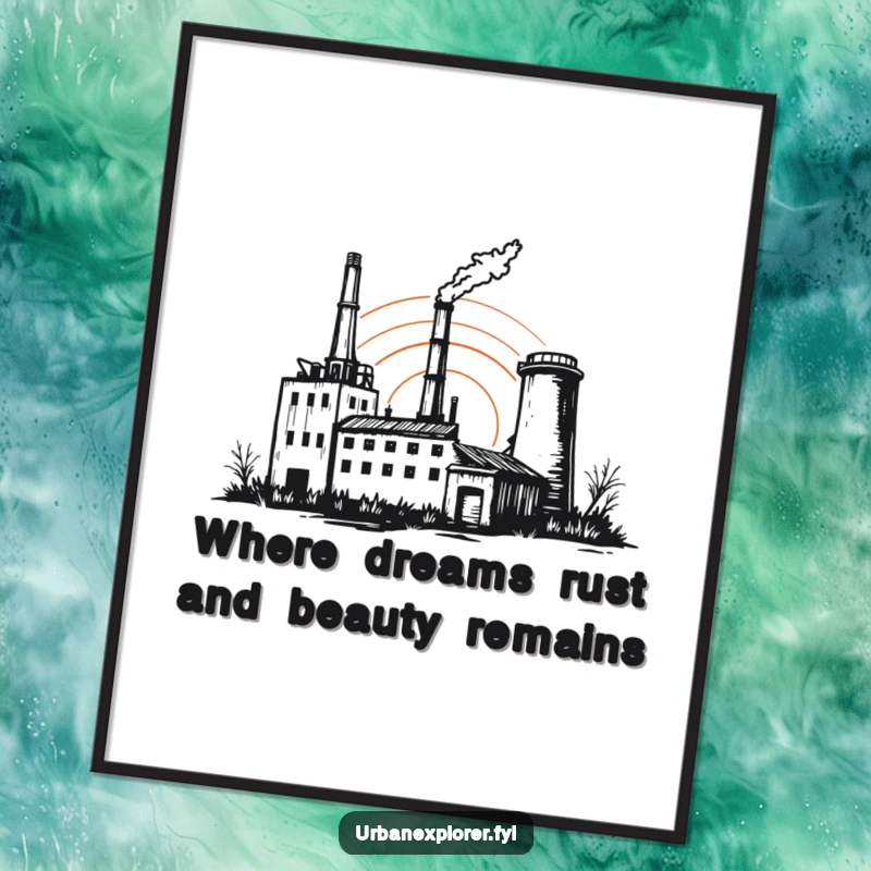 Free Printable Wall Art: A sketchy outline of a forgotten factory at sunset, offering a beautiful and atmospheric piece of downloadable industrial art.