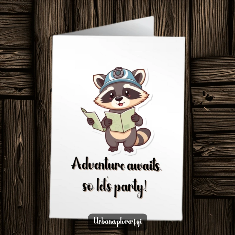 Funny Free Printable Birthday Card with a playful raccoon in a helmet holding a map, pointing the way. Hilarious downloadable adventure.