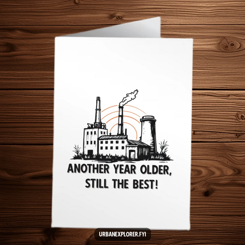 Free Printable Birthday Card: A sketchy outline of a forgotten factory bathed in the warm glow of a sunset, wishing a happy birthday.
