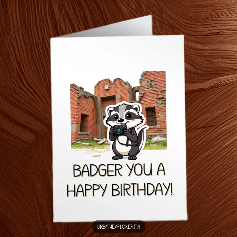 Funny Free Printable Birthday Card: Comical badger with camera poses humorously in front of a crumbling building for birthday wishes.