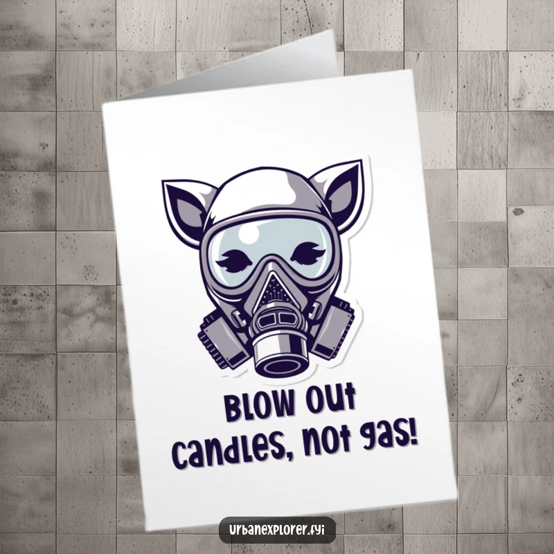 Funny Free Printable Birthday Card: A stylized gas mask adorned with cute animal ears, ready to celebrate a birthday with quirky flair.