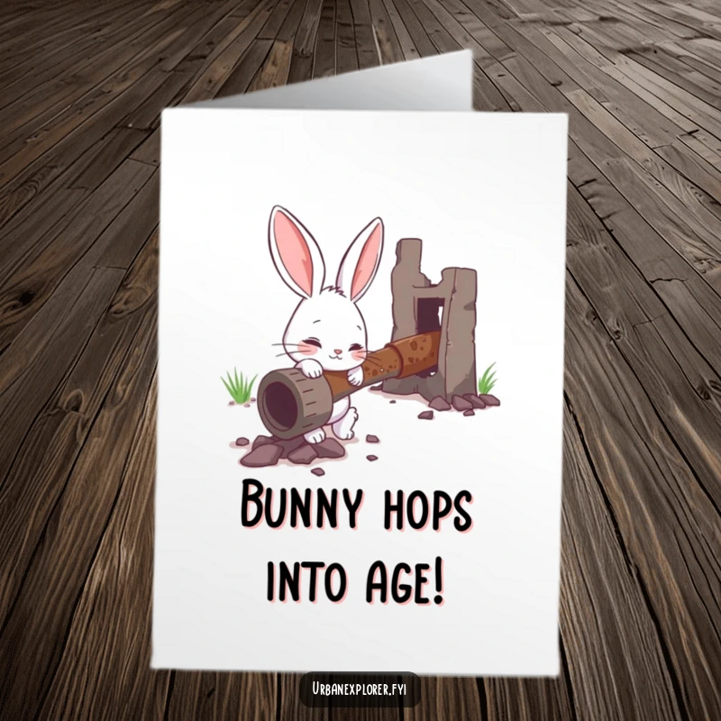 Funny Free Printable Birthday Card: Curious bunny examining a rusty, abandoned-looking pipe with intense focus and wonder.