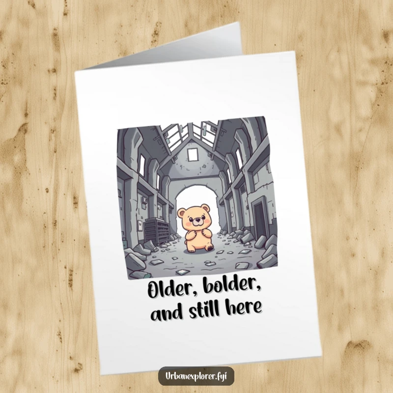 Funny Free Printable Birthday Card: Brave bear investigating a warehouse, ears perked, ready for birthday excitement.