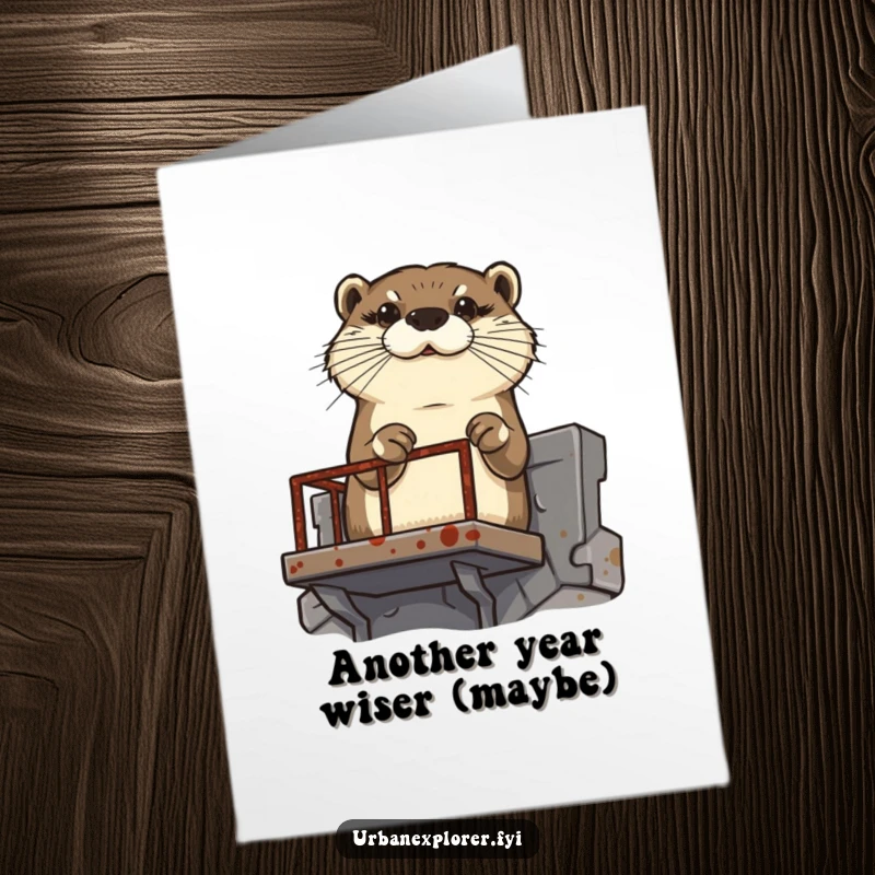Funny Free Printable Birthday Card: Determined otter scaling a rusty fire escape with focus, celebrating achievement with a quirky vibe.