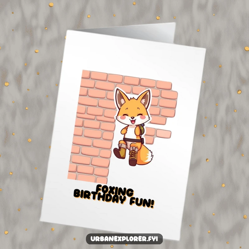 Funny Free Printable Birthday Card: A smiling fox wearing tiny boots rappels down a brick wall with skill and flair.