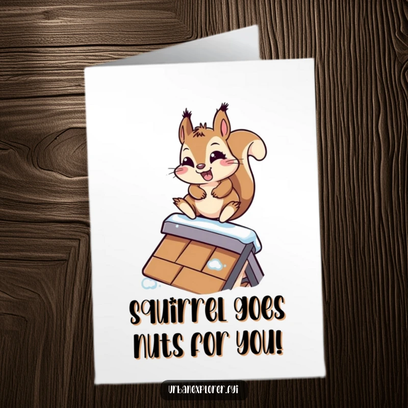 Funny Free Printable Birthday Card featuring a kawaii squirrel determinedly sliding down a slippery rooftop with a huge grin.