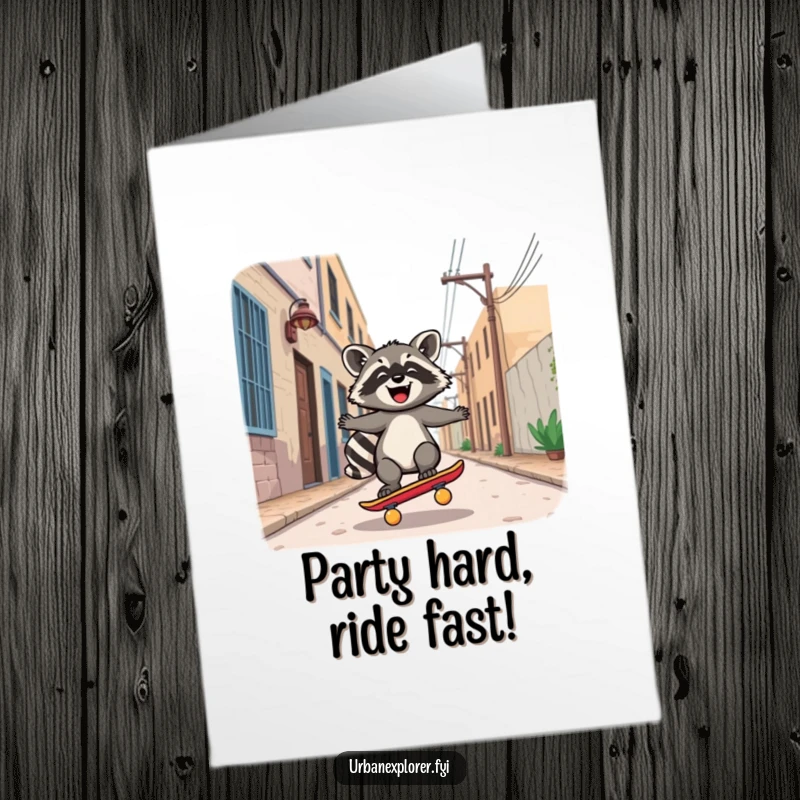 Funny free printable birthday card featuring a joyful Kawaii raccoon expertly riding a skateboard down a deserted alley.