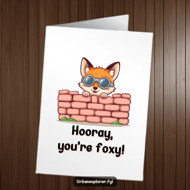 Funny Free Printable Birthday Card: A small, round fox wearing goggles peeks gleefully from behind a crumbling brick wall.