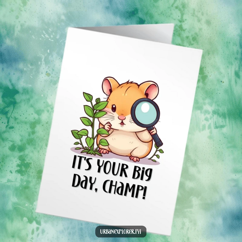 Funny Free Printable Birthday Card: A curious hamster with a magnifying glass intently examines a tiny, overgrown weed.