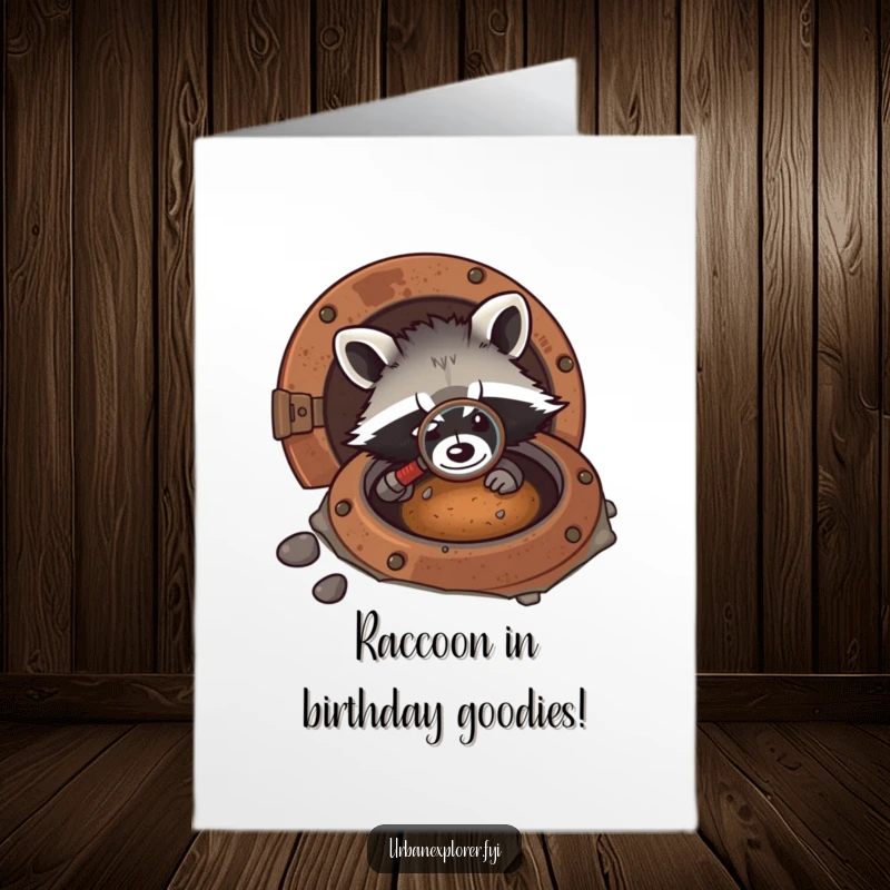 Funny Free Printable Birthday Card: Kawaii raccoon peering curiously into a rusty manhole with a magnifying glass, celebrating.