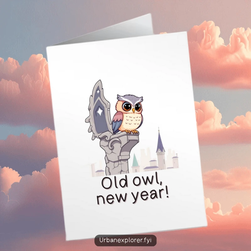 Funny Free Printable Birthday Card: A kawaii owl wisely surveys the city from a crumbling gargoyle perch, looking thoughtful.