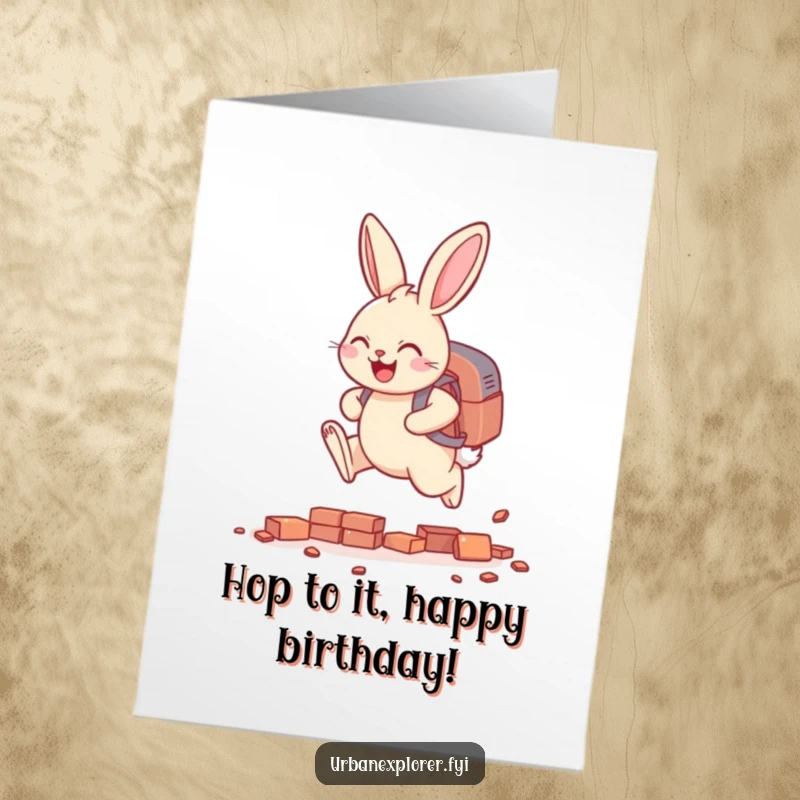 Funny Free Printable Birthday Card: Smiling bunny with backpack leaping over bricks, energetic, cheerful, ready for celebration.