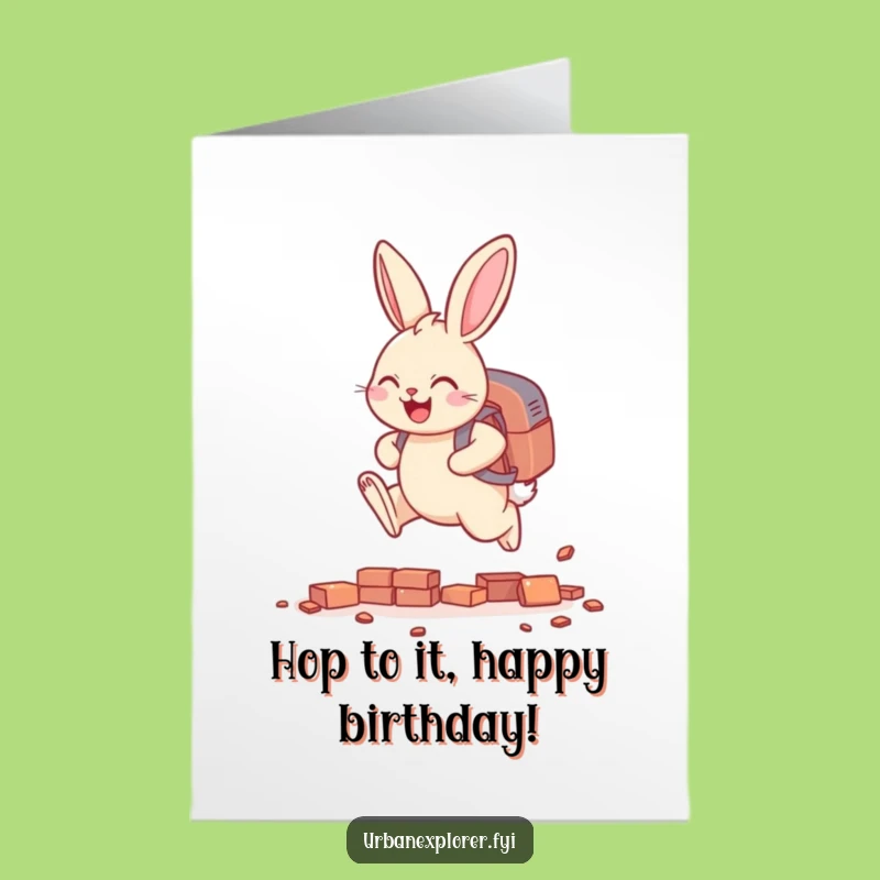 Free Printable Bunny Birthday Card: Funny Leaping Backpack Gift