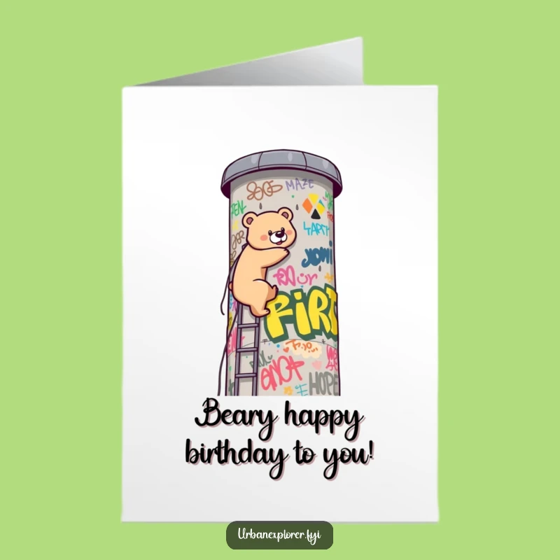 Free Printable Funny Birthday Card: Kawaii Bear Climbs Tower, Hilarious Downloadable Gift