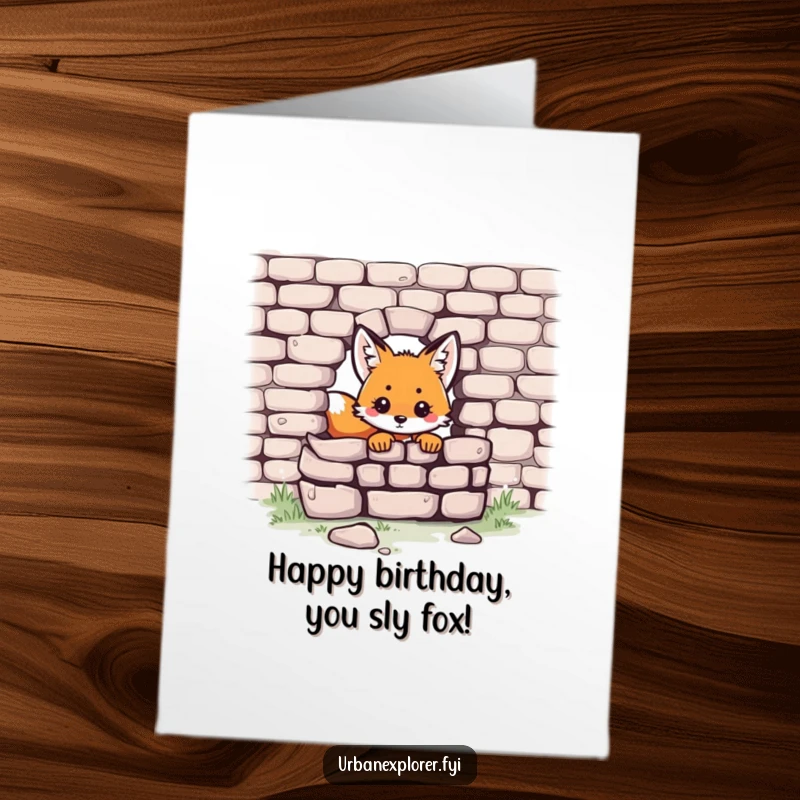 Funny Free Printable Birthday Card: A small Kawaii fox with big eyes peeking playfully from behind a weathered, crumbling brick wall.