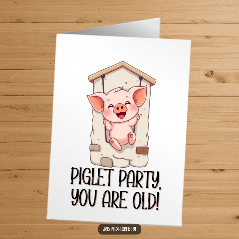 Funny Free Printable Birthday Card: Giggling piglet rappelling down a facade, bringing birthday joy, perfect humorous DIY.
