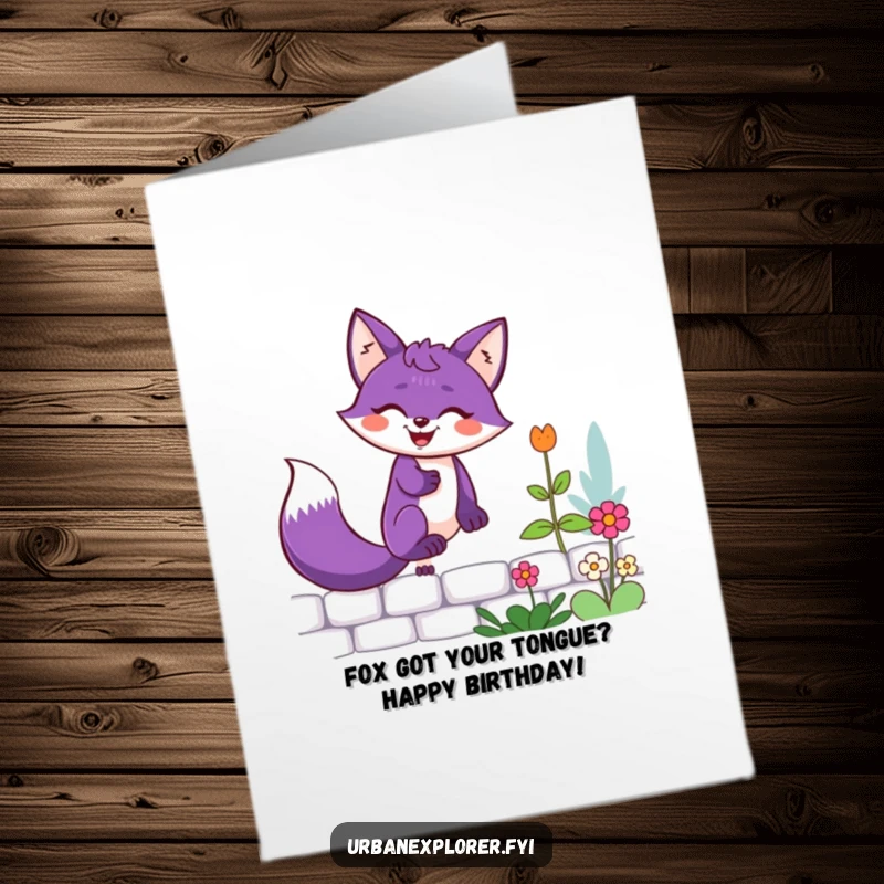 Funny Free Printable Birthday Card featuring a purple fox with a determined grin scaling a garden wall, ready to deliver fun.