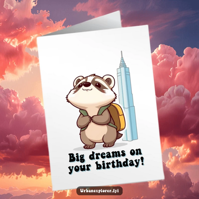 Funny Free Printable Birthday Card: Kawaii badger with a backpack, looking up at a tall building, ready for birthday adventures.