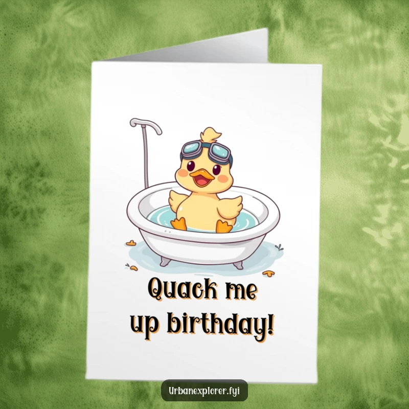 Funny Free Printable Birthday Card: Happy Kawaii duck wearing goggles, floating joyfully in a tub, ready for birthday fun.