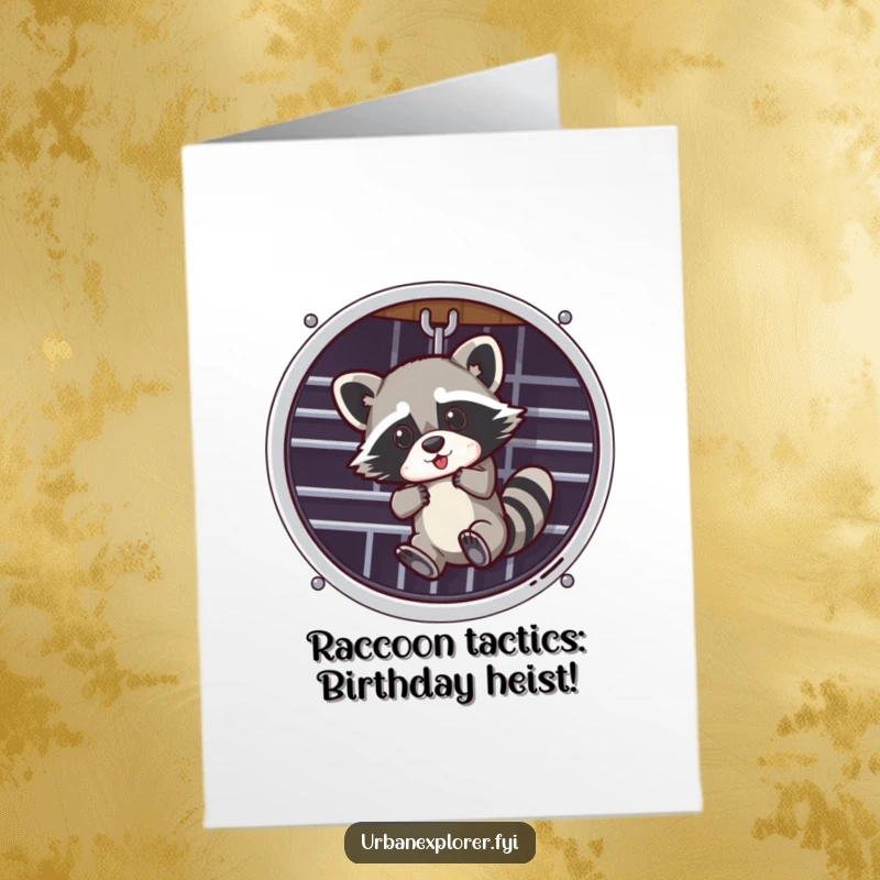 Funny Free Printable Birthday Card: Mischievous raccoon hanging from vent, ready to cause birthday chaos. DIY downloadable.