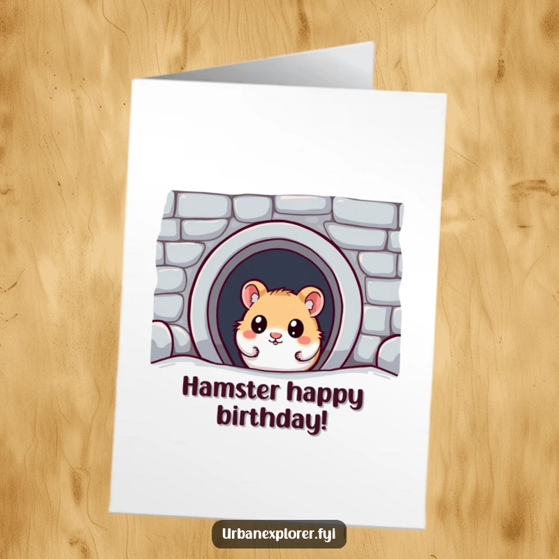 Funny Free Printable Birthday Card: A wide-eyed kawaii hamster discovers a hidden subway entrance with utter astonishment and excitement.