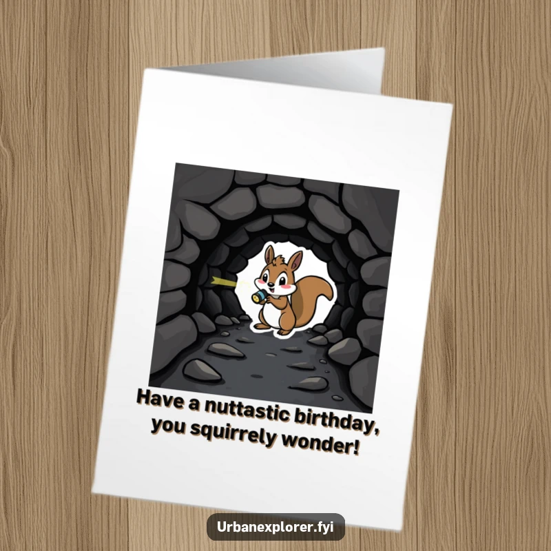 Funny Free Printable Birthday Card: Playful squirrel with flashlight explores a dark tunnel, bringing adventurous birthday humor.