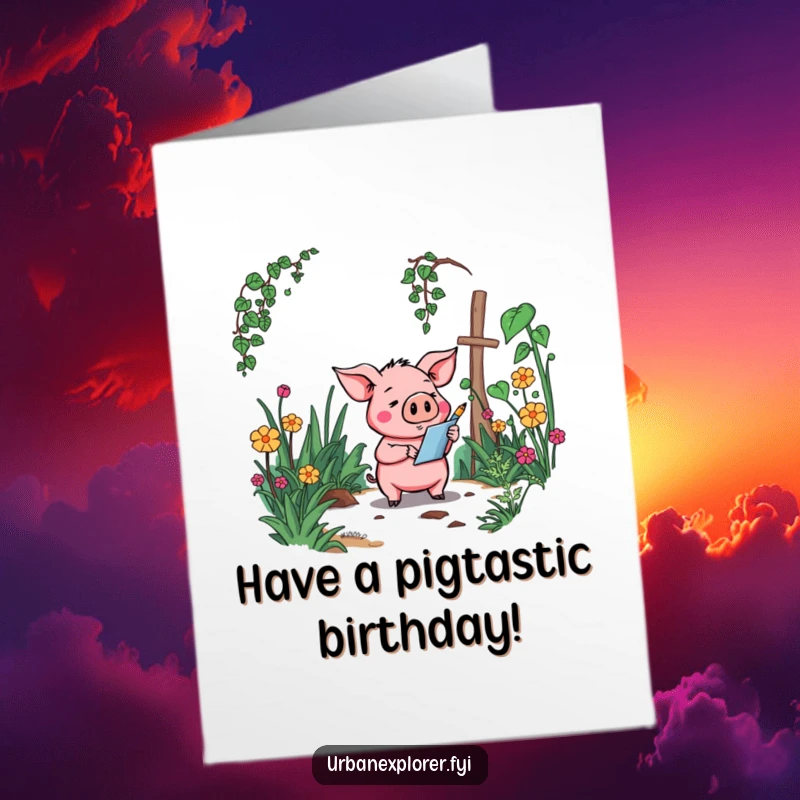 Funny Free Printable Birthday Card: Goofy cartoon pig sketches an overgrown, forgotten garden, a charming and whimsical birthday surprise.