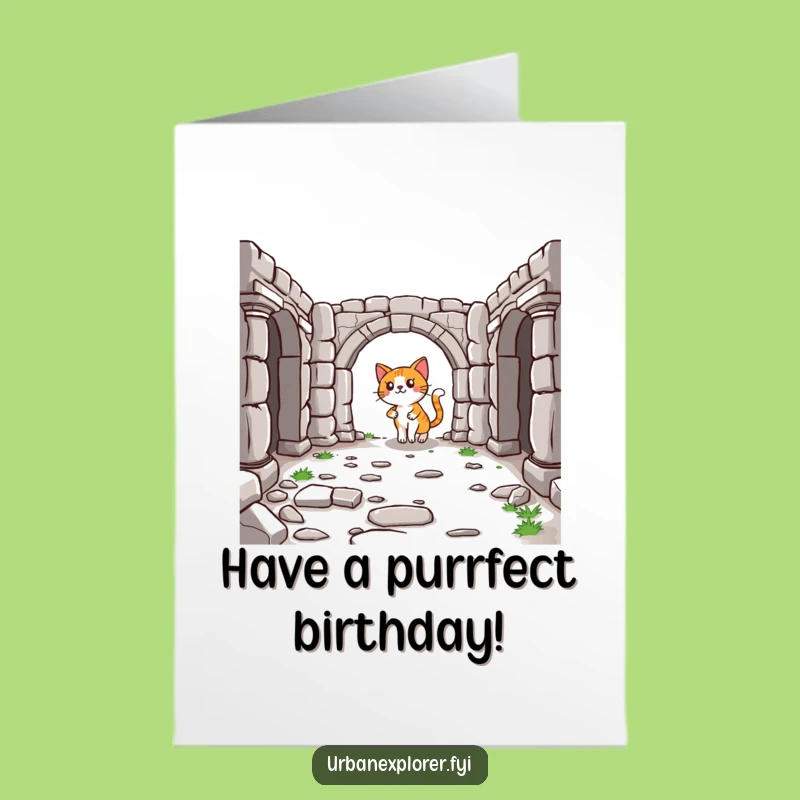 Free Printable Birthday Card: Cat Explores Ruins - Funny Historical Gift
