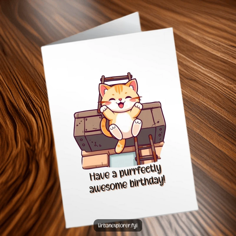 Funny Free Printable Birthday Card: A cheerful Kawaii cat gleefully swinging from a rusty fire escape ladder, full of birthday excitement.