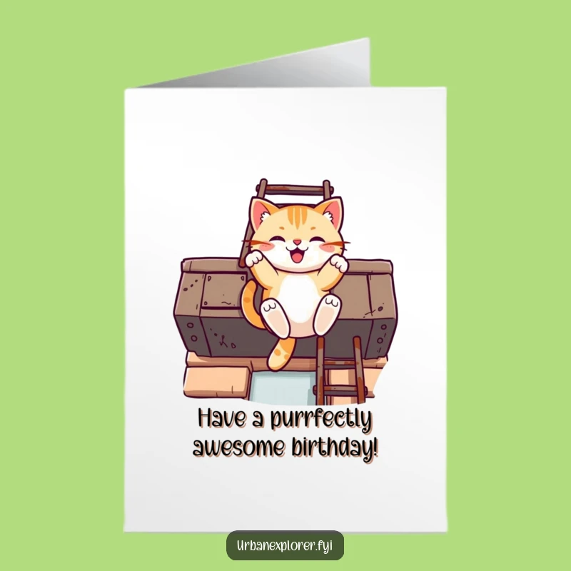 Free Printable Funny Birthday Card: Kawaii Cat Swinging, Hilarious Downloadable Gift for Cat Lovers