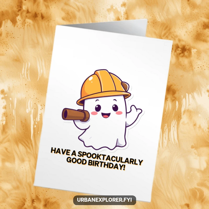 Funny Free Printable Birthday Card: A smiling ghost wearing a construction hard hat, cheerfully exploring and wishing a happy birthday.
