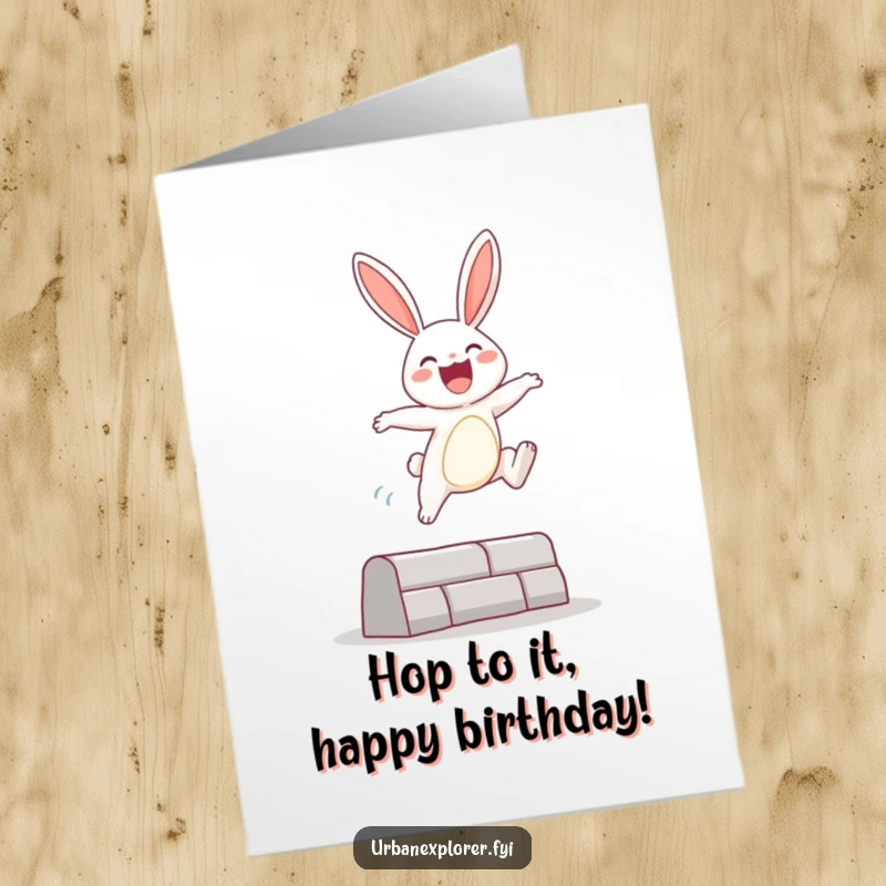 Funny Free Printable Birthday Card: Joyous bunny leaps with enthusiasm over an urban obstacle, celebrating a birthday with playful abandon.