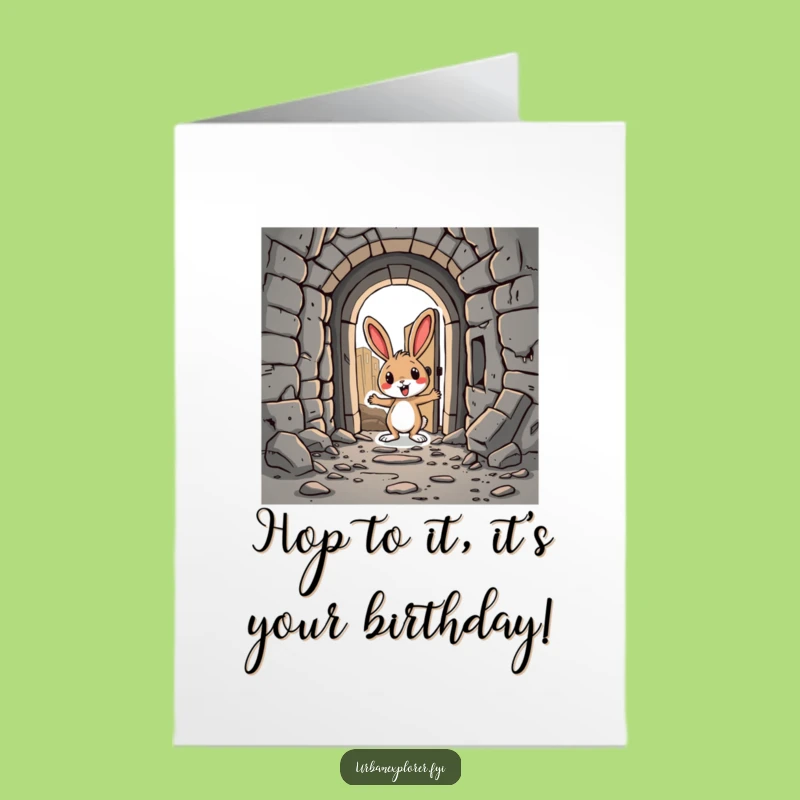 Free Printable Birthday Card: Rabbit Finds Door - Funny Adventure Downloadable