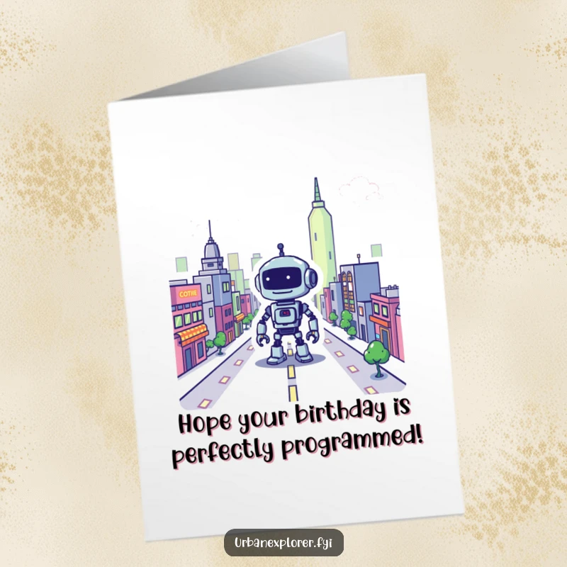 Funny Free Printable Birthday Card: A pixelated cityscape features a friendly, lost robot, wishing a happy birthday with a charming, digital aura.