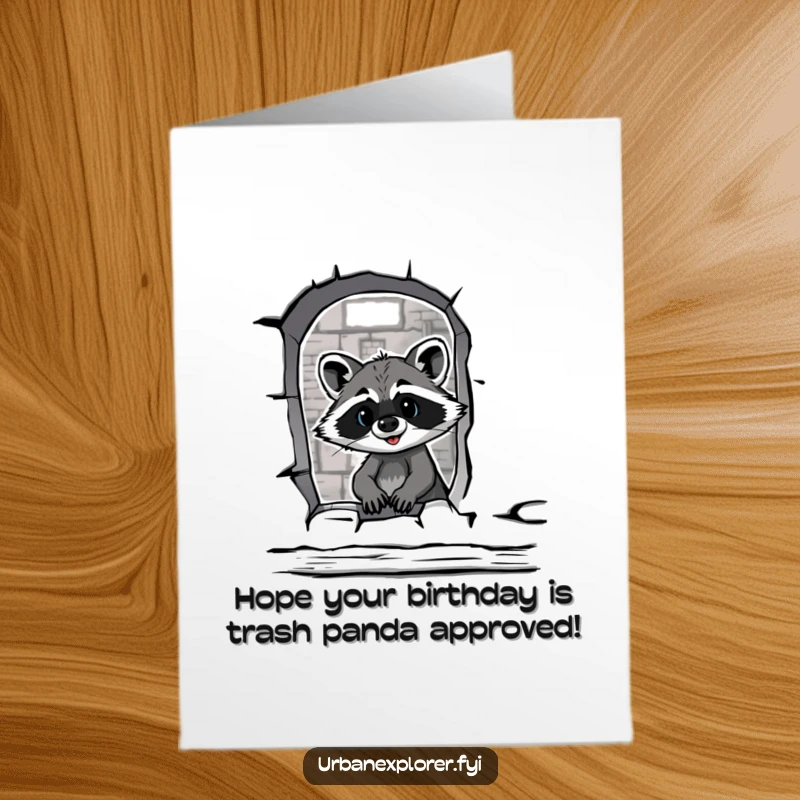 Funny Free Printable Birthday Card: Cartoon raccoon peeks through warehouse window, bringing adventurous humor for a birthday wish.