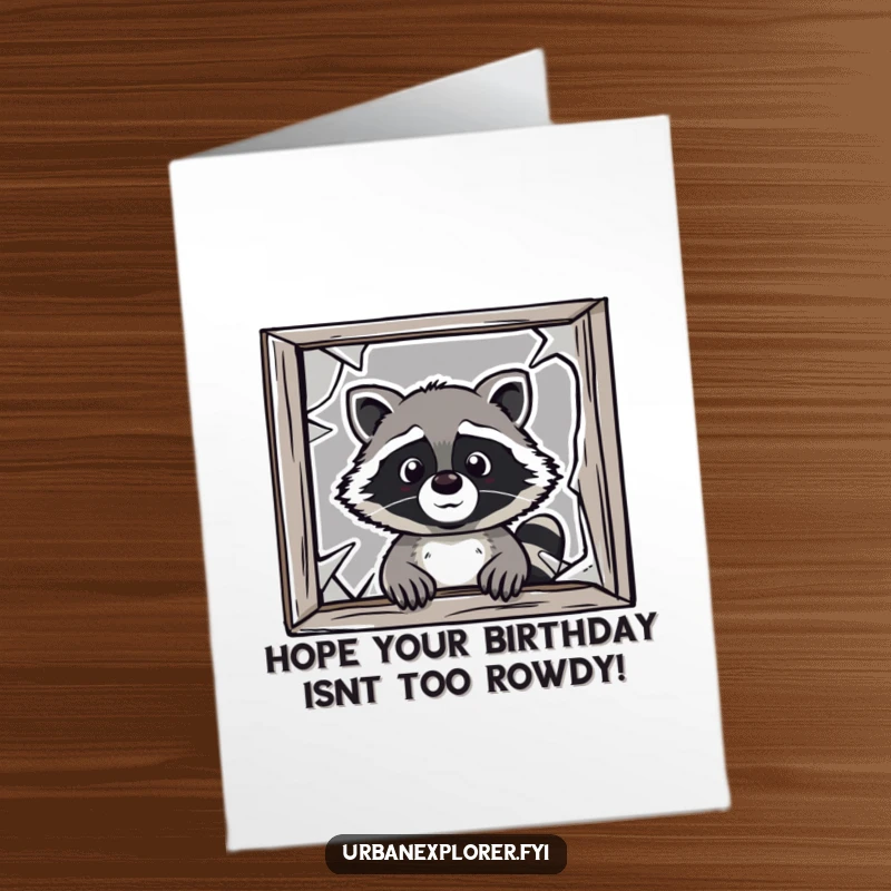 Funny Free Printable Birthday Card: A curious raccoon peeks through a broken window, wishing a happy birthday with a mischievous grin.