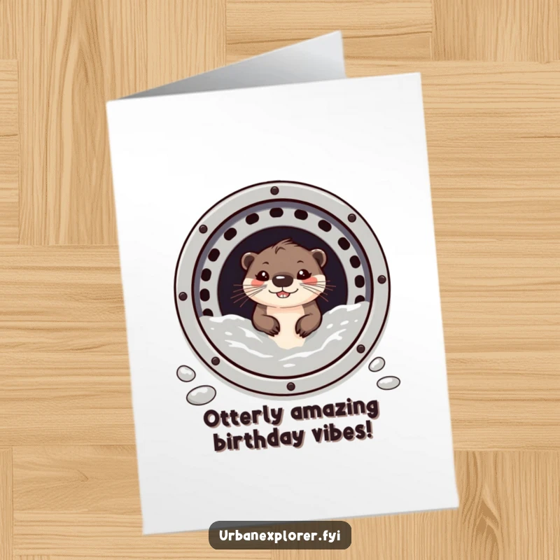 Funny Free Printable Birthday Card: A small, grinning otter peeks slyly from a sewer grate, ready to celebrate.