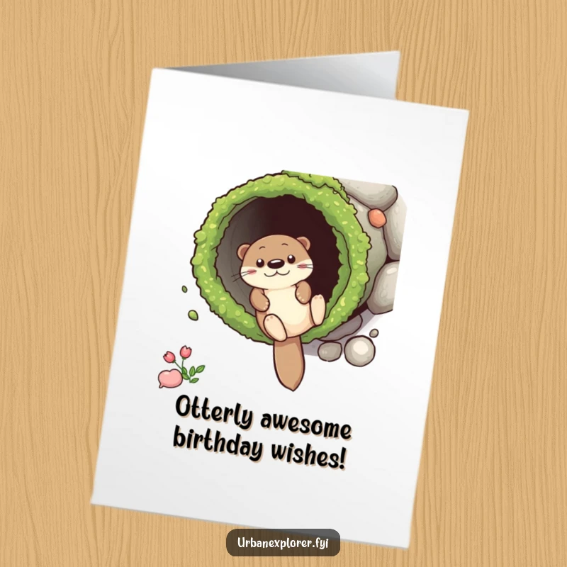 Funny Free Printable Birthday Card: Otter gleefully slides down a mossy drainpipe, embodying pure birthday joy and excitement for any celebration.