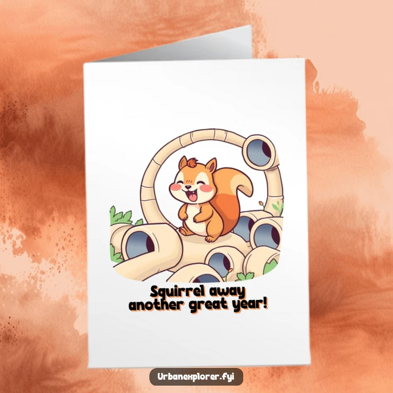 Funny Free Printable Birthday Card: A joyful squirrel expertly navigates a tiny maze of pipes, a humorous DIY greeting.