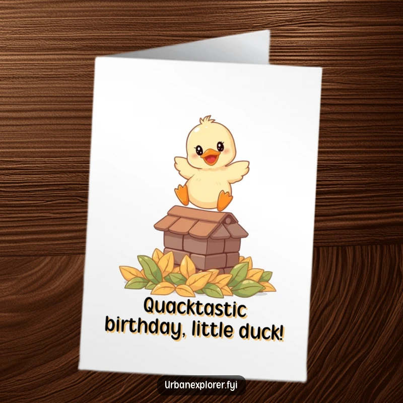 Funny Free Printable Birthday Card: Smiling duckling leaping from rooftop onto leaves, joyful and humorous.