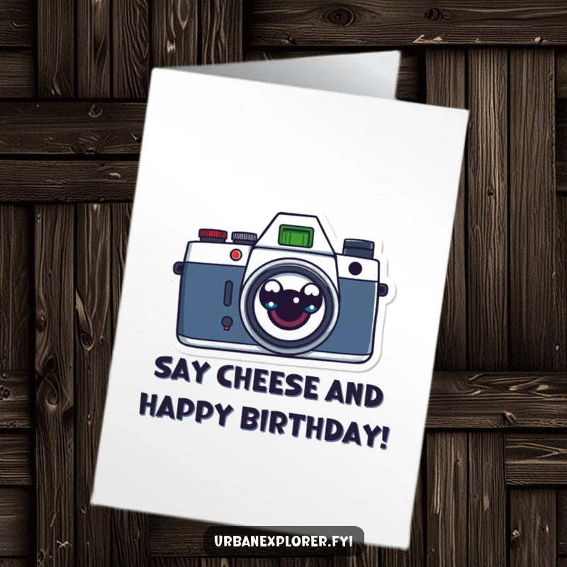 Funny free printable birthday card featuring a retro camera with surprised cartoon eyes, humorously capturing birthday moments.