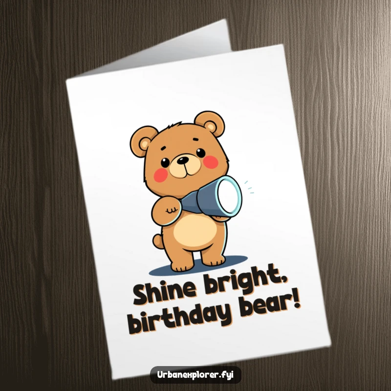 Funny free printable birthday card featuring a cute chibi bear shining a flashlight in the dark, seeking birthday cheer with a humorous expression.