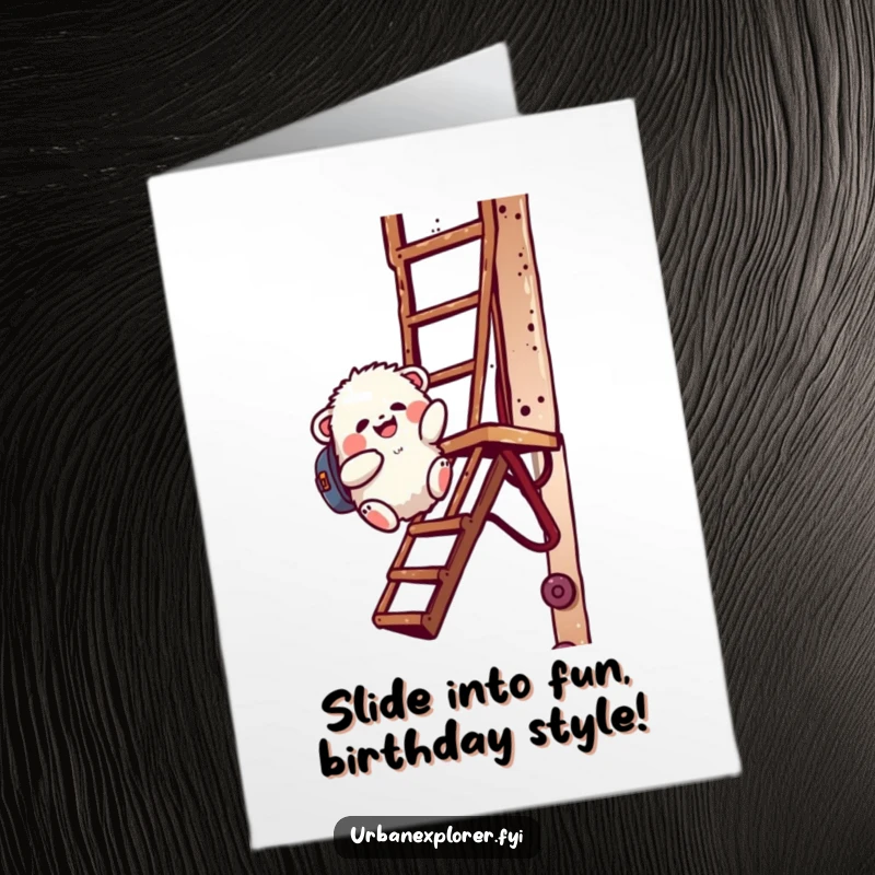 Funny Free Printable Birthday Card: Fluffy creature with backpack joyfully sliding down a rusty fire escape.