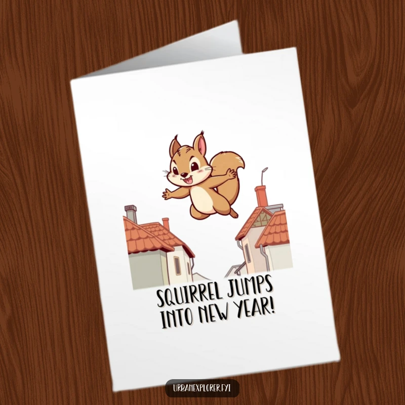 Funny Free Printable Birthday Card: Determined squirrel leaping across a wide gap between two distant rooftops with great focus.