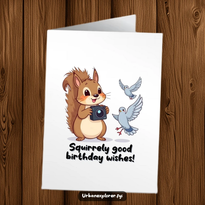 Funny Free Printable Birthday Card: Playful squirrel with camera snaps a pigeon in mid-flight, capturing a hilarious moment.