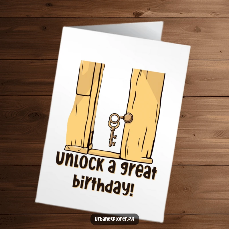 Funny free printable birthday card showing a whimsical key unlocking a creaky old door, symbolizing opening a new year of fun.